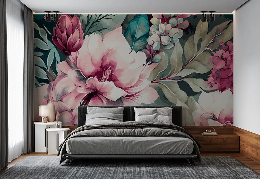 کاغذ دیواری سه بعدی اتاق خواب عروس و داماد طرح گل